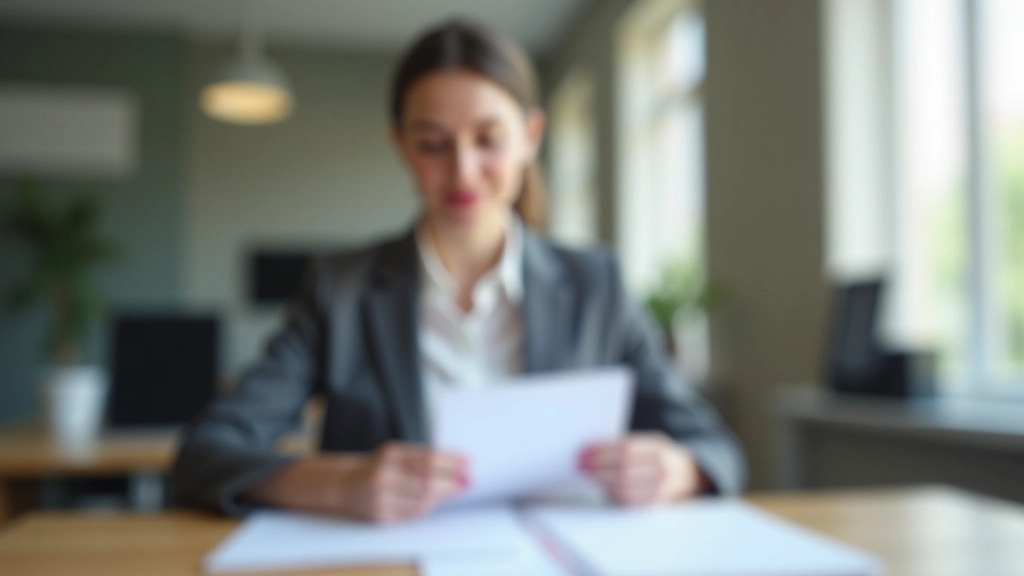 Empresária a verificar documentos de candidatura e lista de requisitos numa tabela